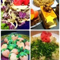 Miki Sanoさんの料理 甘酢からしマヨネーズサラダ どんぶりいっぱいたべれちゃうよを紫白菜で 白いイチゴ 金目鯛の炊き込みおこわに大根菜の薬味 クルルのケーキ