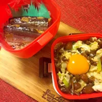 Snapdishの料理写真:お弁当No,4☆秋刀魚&なめこ卵とじ丼💐|Aki☆さん