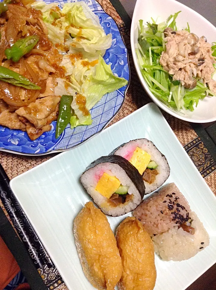 水菜とシーチキンのサラダ＆豚肉の炒め物＆お寿司|まぐろさん