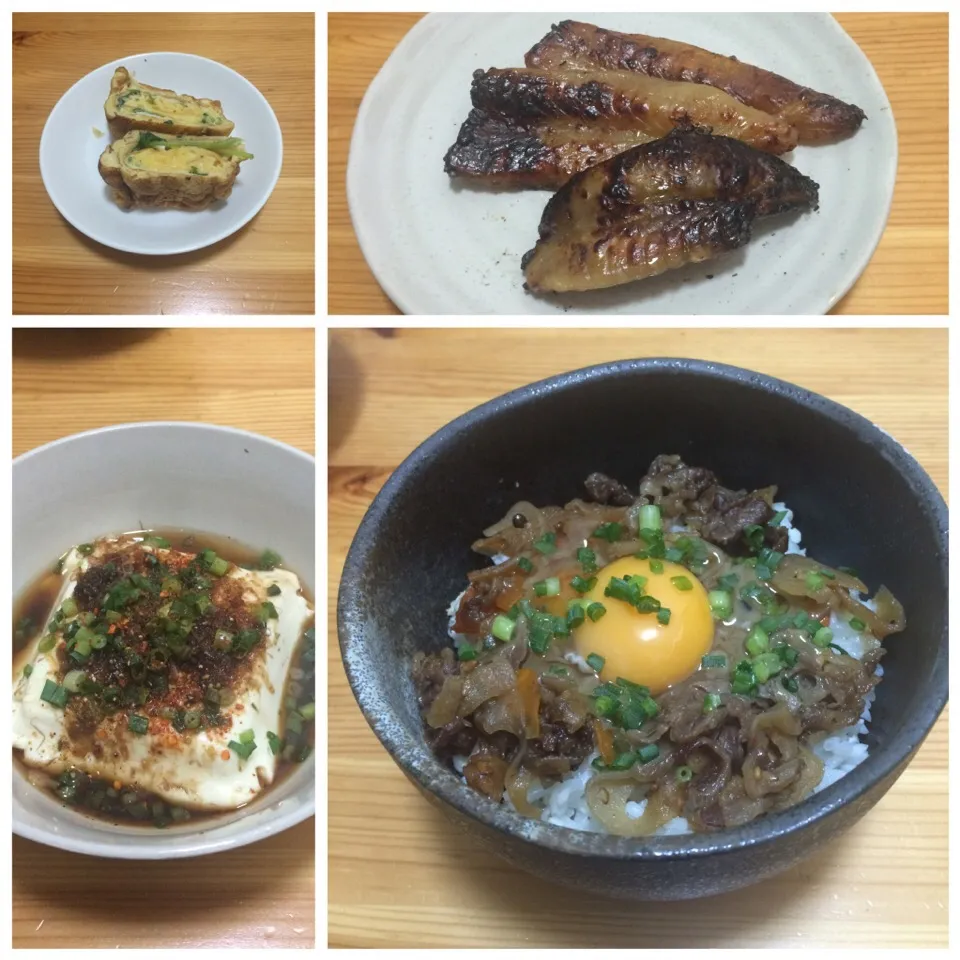 牛肉蓮根きんぴら丼、かんたん湯豆腐、ふぐ味醂、三つ葉玉子焼き（野菜不足…orz）|SasaMasa213さん