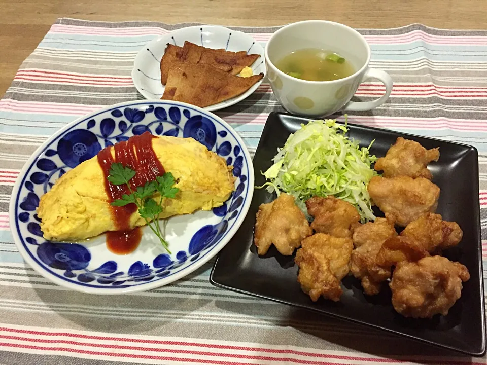 11/14晩御飯〜オムライス・唐揚げ・長天の網焼き生姜醤油・蒸し鶏とネギの中華スープ|まーままさん