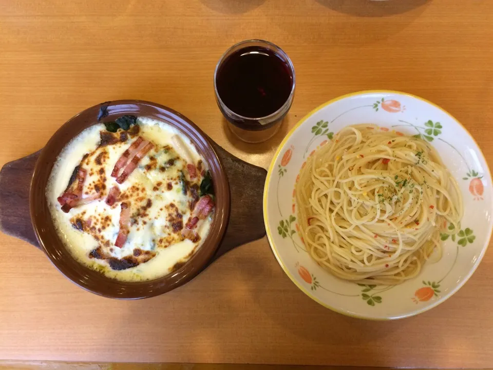 ほうれん草のオーブン焼き•ペペロンチーノ|ばーさんさん