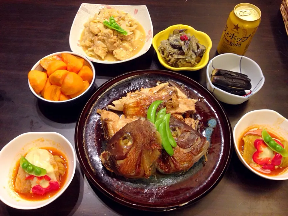 鯛のあら煮、ロールキャベツ、ナスの油みそ、チキンの親子煮|しもっち"もたれつさん