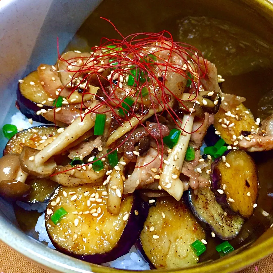 茄子のトロトロ照り焼き カリカリ豚のっけ丼|カウンター嬢さん