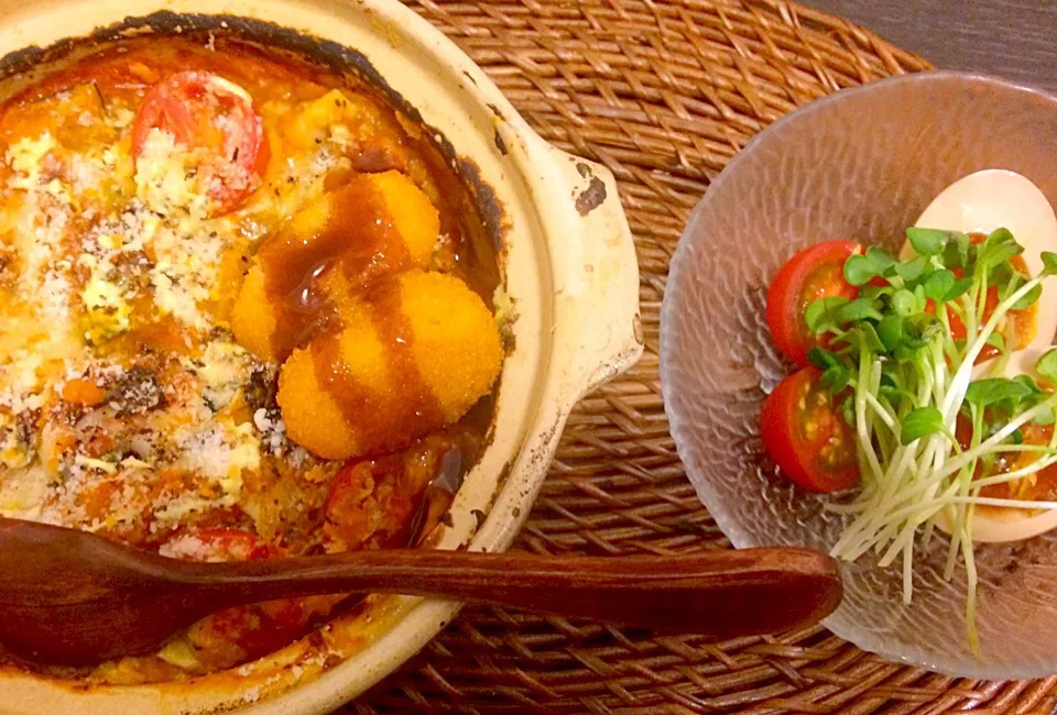 ミートソースグラタン🍅 セブンの煮卵サラダ🍳  今日もまたタマゴ🐣  あはは🙊|まみさん