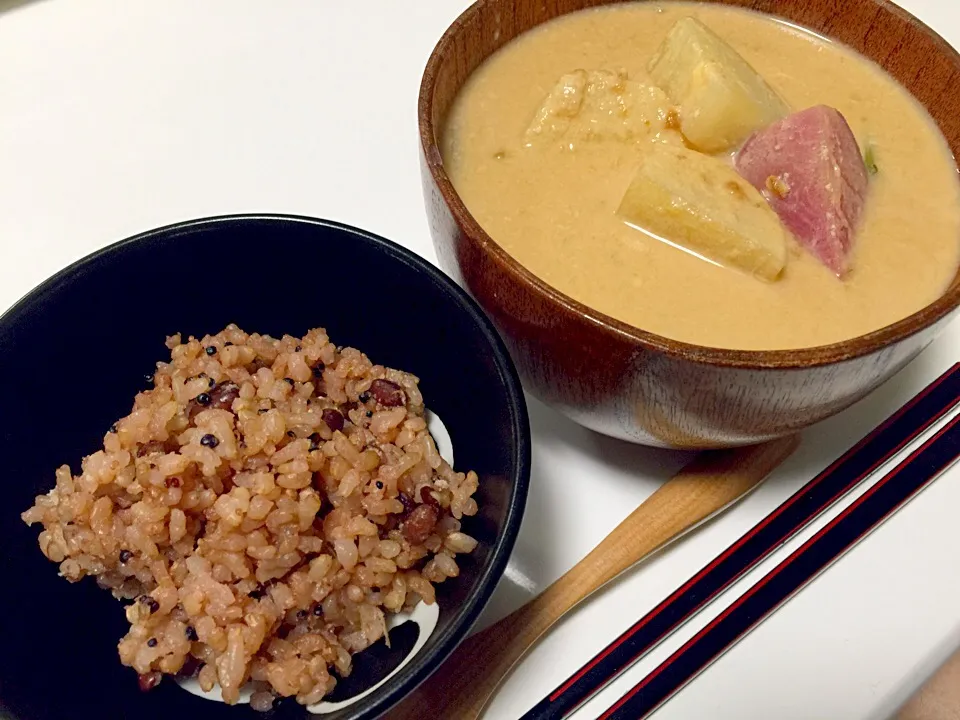 自然農園 風天さんの蕪と里芋で酒粕豆乳汁 自然栽培亀の尾で発酵玄米|Hiroo  Higuchiさん