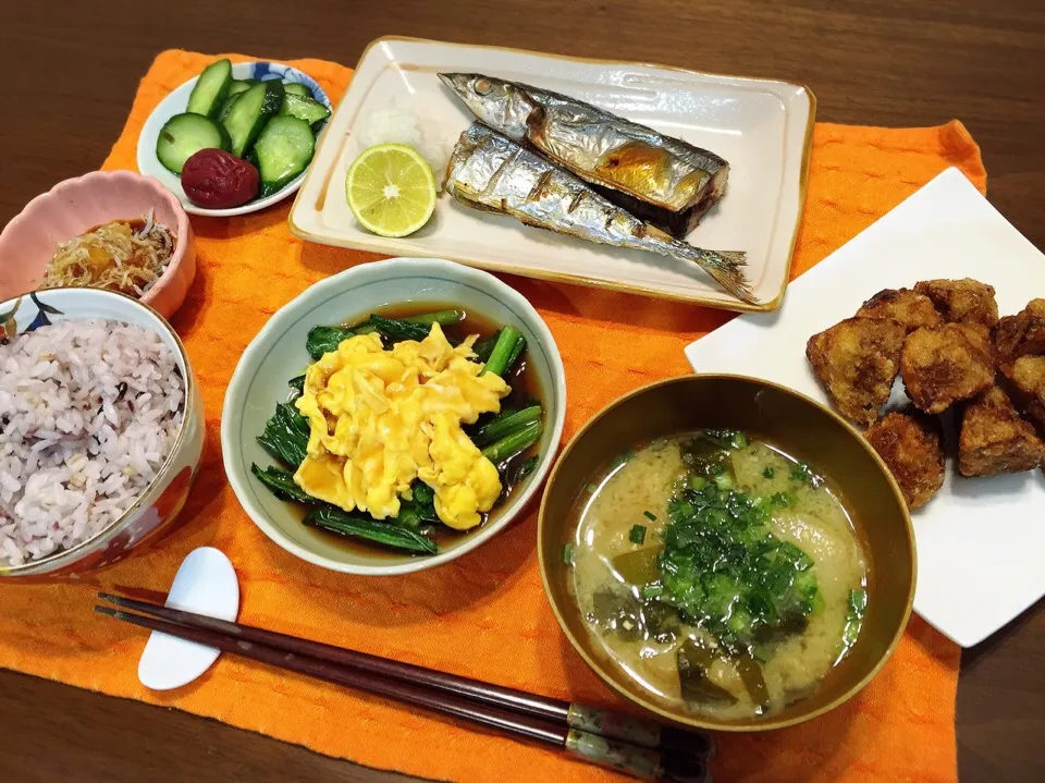 秋刀魚 里芋の唐揚げ 小松菜の卵あんかけ|fleur ❁︎⑅*さん