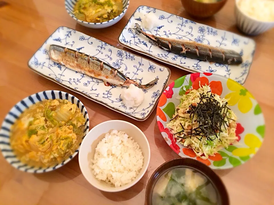 秋刀魚＆キャベツと納豆のサラダ＆白菜の卵とじ|ゆーみんさん