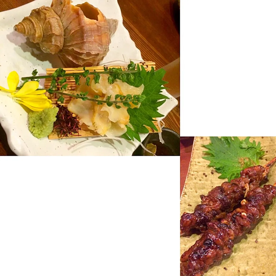 Snapdishの料理写真:ツブ貝刺と鰻の肝串 お酒はやもりとじこんの特別純米|uchikawa hiroshiさん