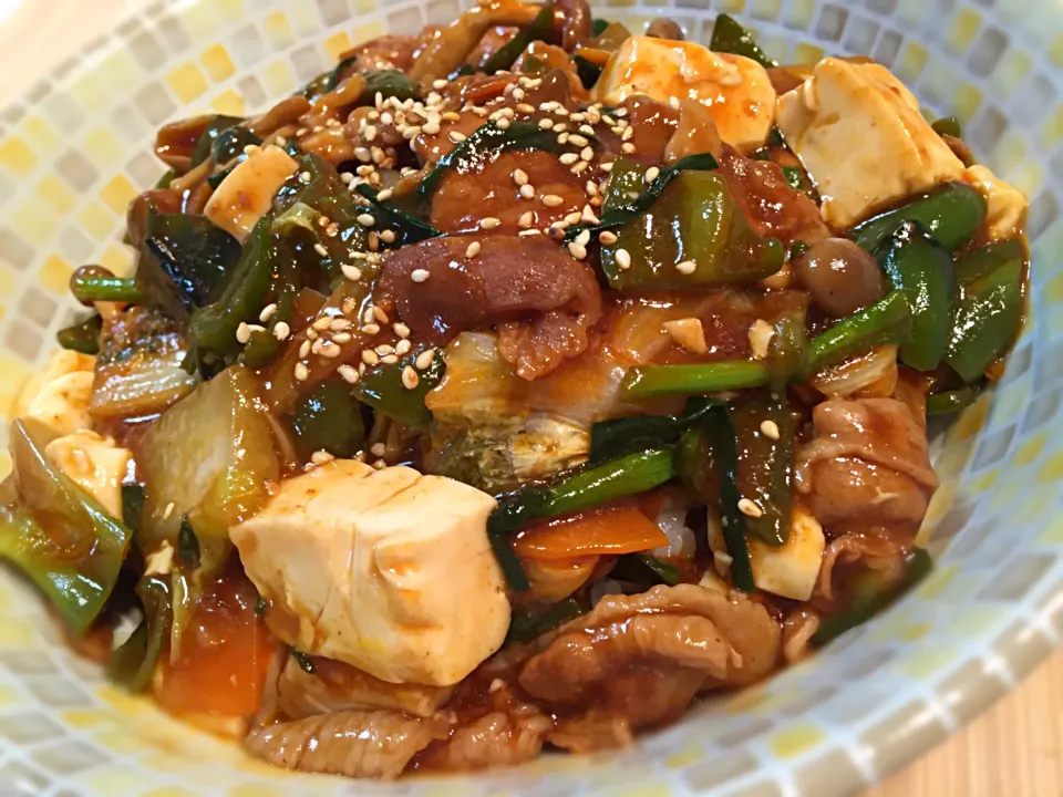 Snapdishの料理写真:白菜などの野菜、豚バラ、豆腐のコチュジャン炒め丼|Manabu Tanakaさん