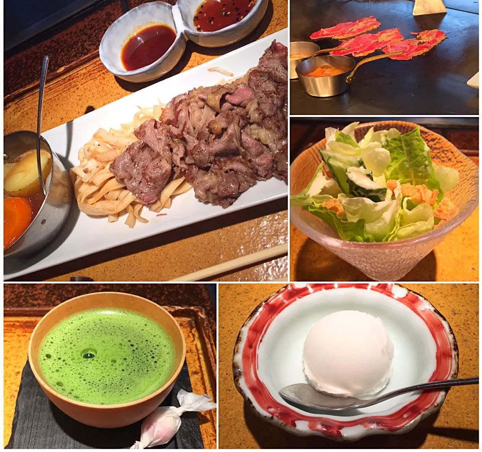 Snapdishの料理写真:和牛リブロース薄焼 肉1.5倍＋シャーベット@岡半(銀座)|塩豚骨さん