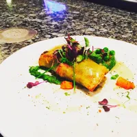 Snapdishの料理写真:Potato Wrapped Sole w/ shiitake green pea pesto & roasted butternut squash|Abdullah Qadirさん