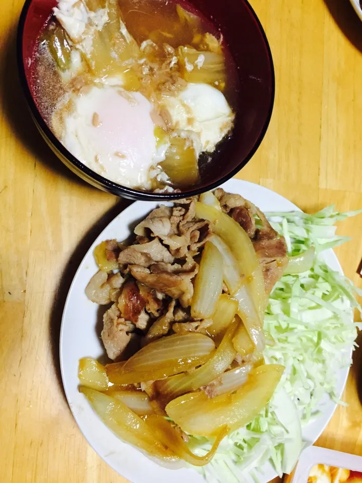 彼作
生姜焼き
白菜炊いたやつ
うん。うまい！|たまごさん