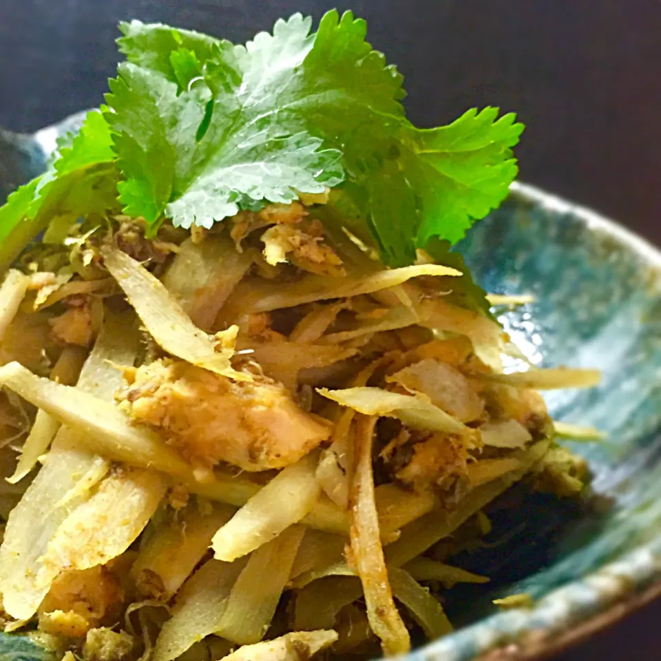 Cedro🍋さんの料理 ゴボウのきんぴら&サバ水煮缶🐟カレー風味  調味料少し変えてパクチー添えてみたらやはり…好み♡|Cedro🍋さん