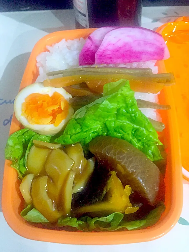 パパお弁当🍱  イカのとろみ餡煮  煮卵  大根とカボチャの煮物  キンピラゴボウ  赤カブの漬物|ch＊K*∀o(^^*)♪さん