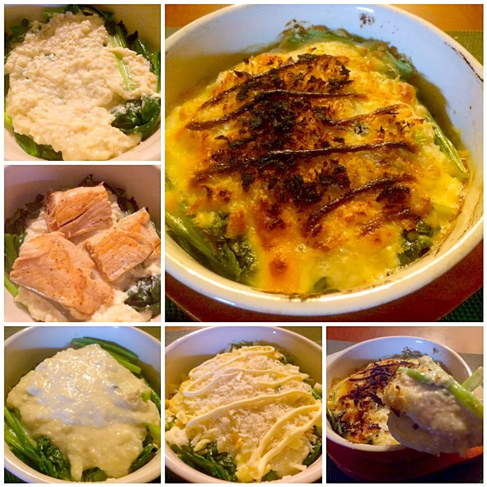 Snapdishの料理写真:Salmon&Japanese mustard spinach au gratin♨️鮭と小松菜の和風グラタン|🌈Ami🍻さん