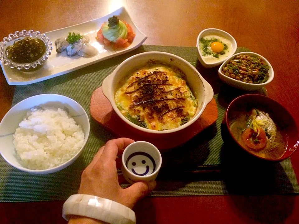 Today's Dinner🍴前菜･小松菜と鮭の和風ｸﾞﾗﾀﾝ･真鯛deあら汁･白飯･めかぶ納豆･大和芋|🌈Ami🍻さん