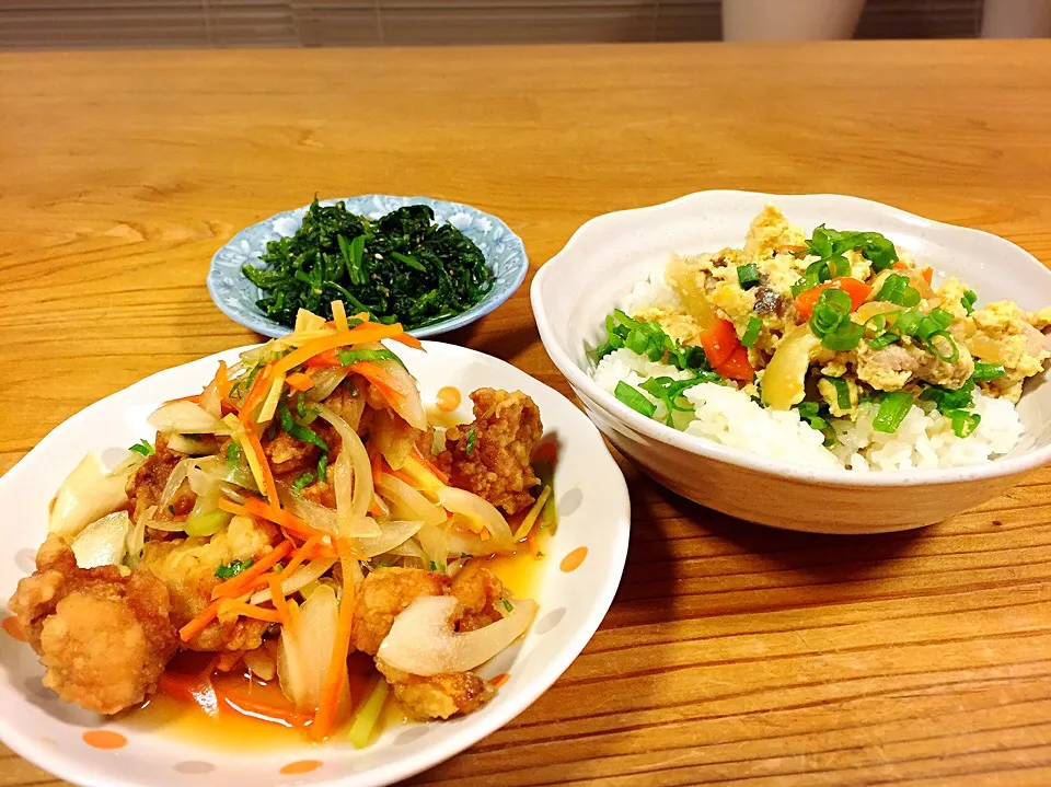 鶏と野菜のマリネ、親子丼、ほうれん草のおひたし|pepiさん