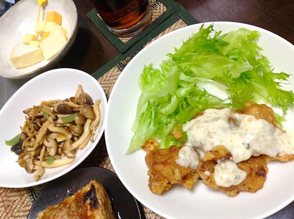 鶏の唐揚げ＆しめじのバター炒め＆厚揚げ|まぐろさん