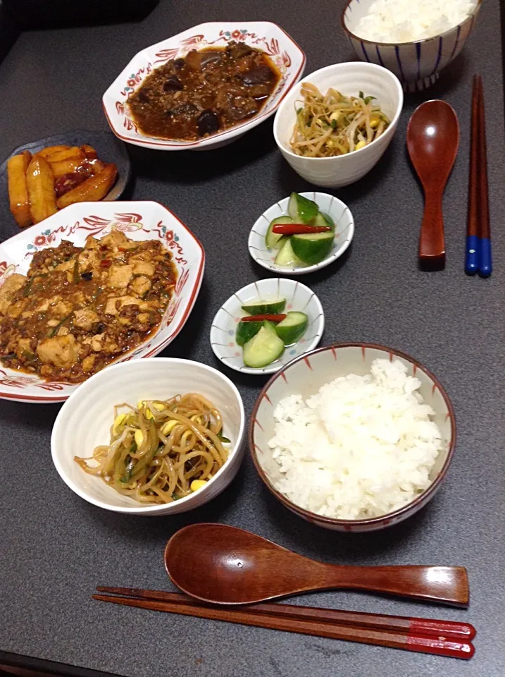 Snapdishの料理写真:#晩御飯#麻婆茄子#麻婆豆腐#キュウリの酢の物#もやしナムル#大学芋|miさん