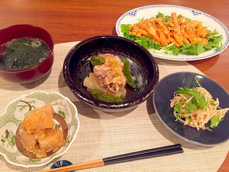 鶏ももと大根の土鍋蒸し、胸肉のバンバンジーサラダ、えび芋のゆず煮、大根サラダ|ゆり0707さん