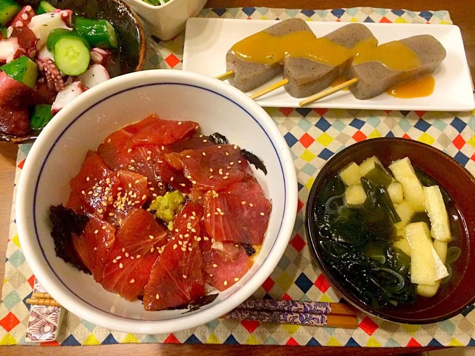 マグロとろろの漬け丼 タコときゅうりのマリネ 味噌田楽 お吸い物|haseseさん