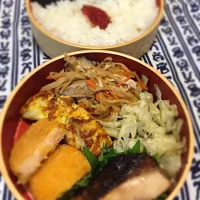 Snapdishの料理写真:ブリ塩麹焼き、カニクリームコロッケ、スパニッシュオムレツ、切干大根、キャベツごま味噌あえ、筋子。|raku_darさん