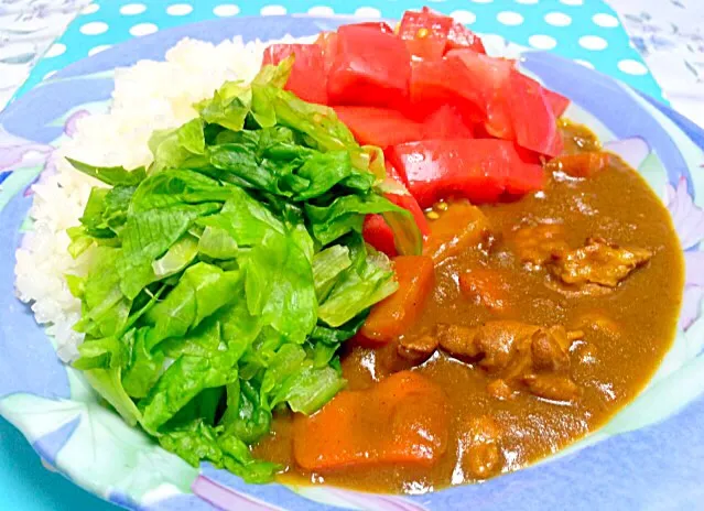 レタスとトマトスパイシーポークカレースライス - Slice tomato and lettuce on spicy pork curry😋❤️✨|Liezlさん