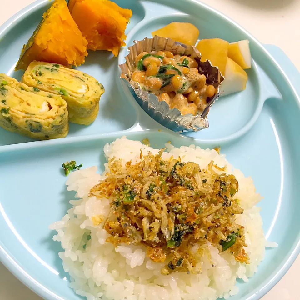 ママのふりかけご飯💗ほうれん草卵焼き💗里芋煮っころがし💗かぼちゃ甘煮💗小松菜っとう|湊叶ママさん