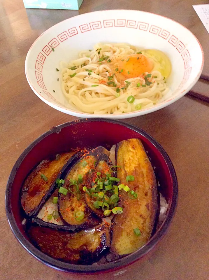 茄子の蒲焼き丼、釜玉うどん💖|Norio Fukudaさん