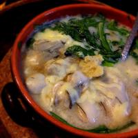 牡蠣と春菊の豆乳味噌とろろスープグラタン