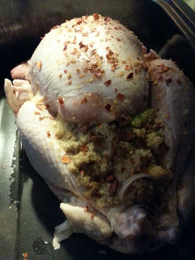 my chourico stuffed cajun spiced bird. pre roast.|Polly Gelfusoさん