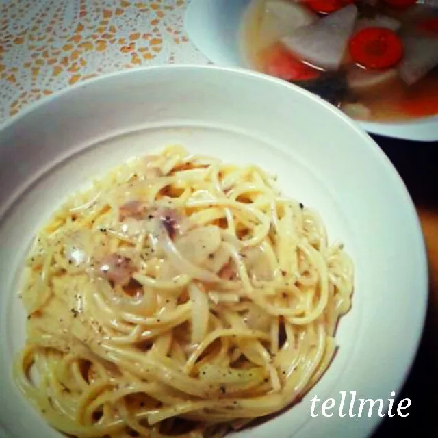 今日の晩ごはん★カルボナーラと野菜スープ|yuika☆さん