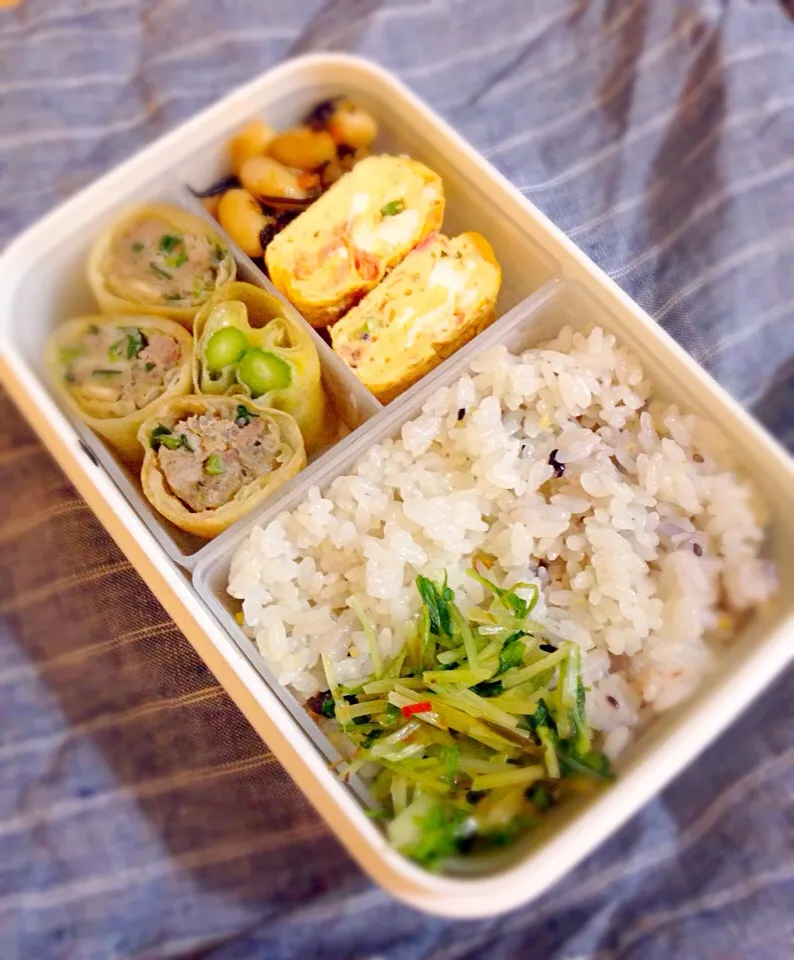 今日のお弁当。普通の春巻とアスパラチーズ春巻、桜エビとネギの卵焼き、ひじき豆。昨夜のポトフつき。|Junさん