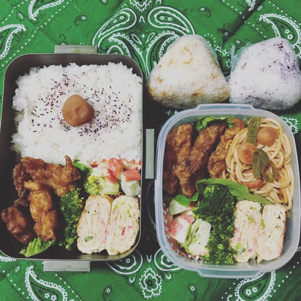 ☆ダンナ&わたし弁当☆   ☺︎唐揚げ  ☺︎スパゲティ  ☺︎卵焼き  ☺︎きゅうり、カニカマ、たまごのサラダ  ☺︎ブロッコリー|Naaさん