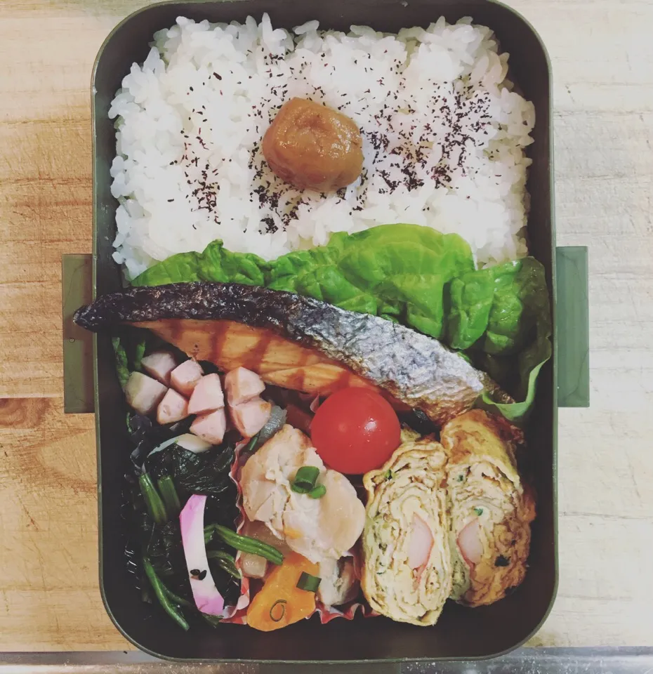 ☆ダンナ弁当☆  ☺︎焼き鮭  ☺︎ウィンナー  ☺︎ほうれん草のお浸し  ☺︎煮物  ☺︎卵焼き  ☺︎プチトマト|Naaさん