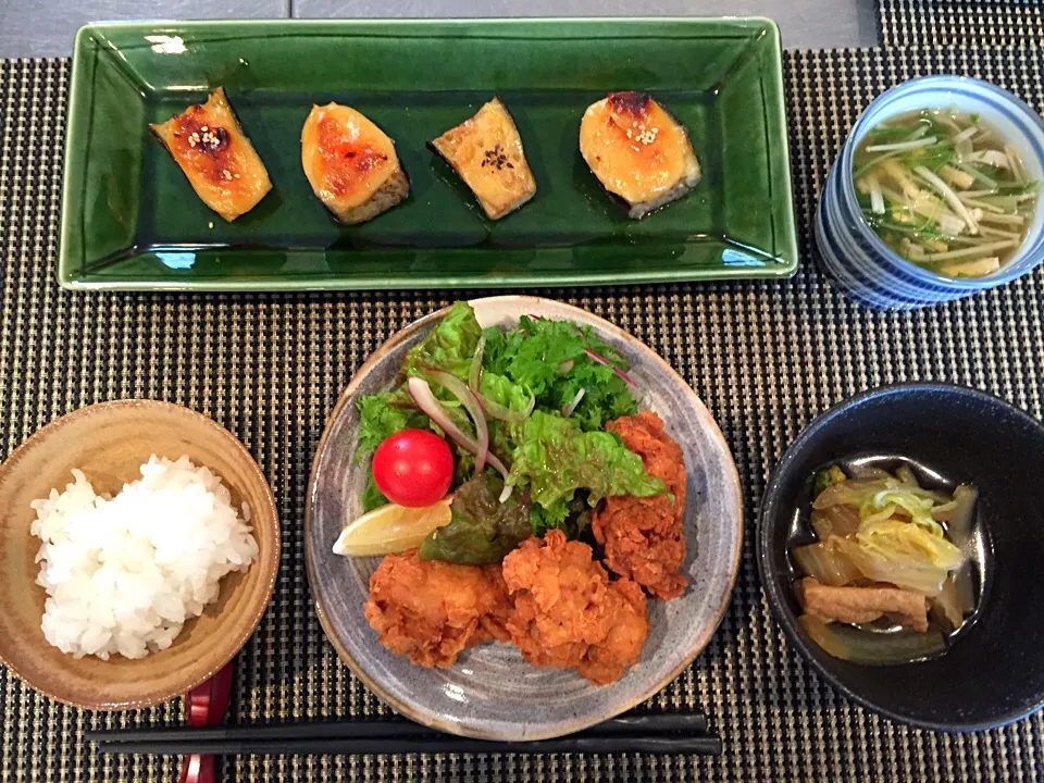 ナス田楽、唐揚げ、水菜とエノキのおひたし、白菜の甘煮|ひなたさん