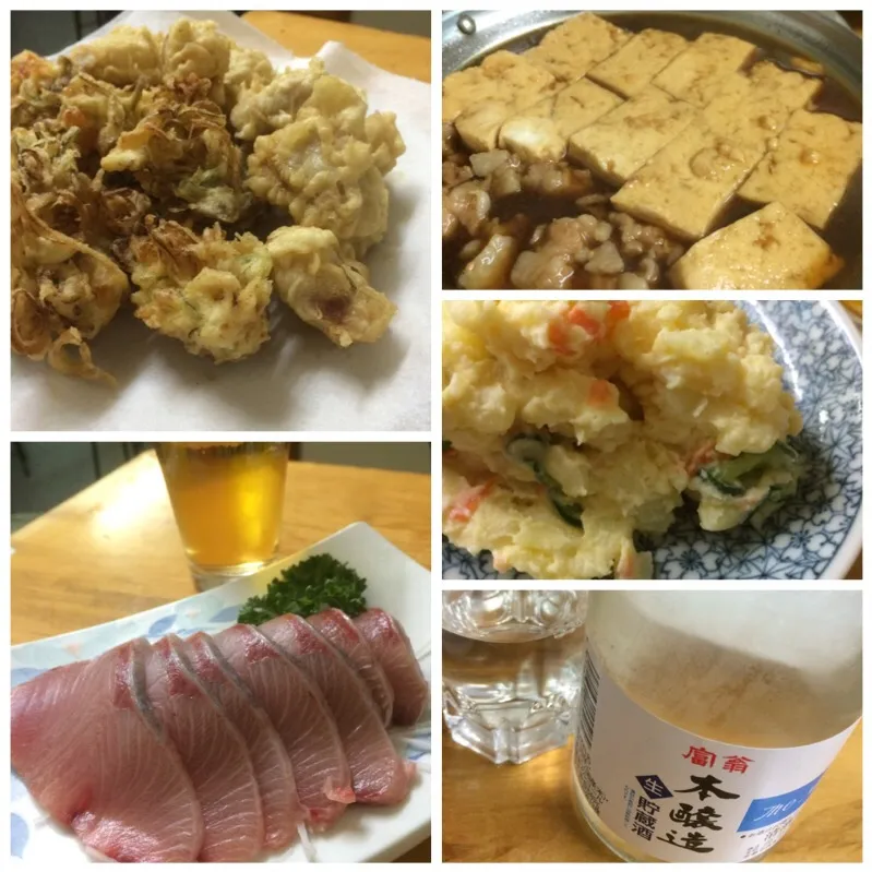 鰤刺、ポテサラ、豚天、かき揚げ、肉豆腐〜❤️|てつやさん