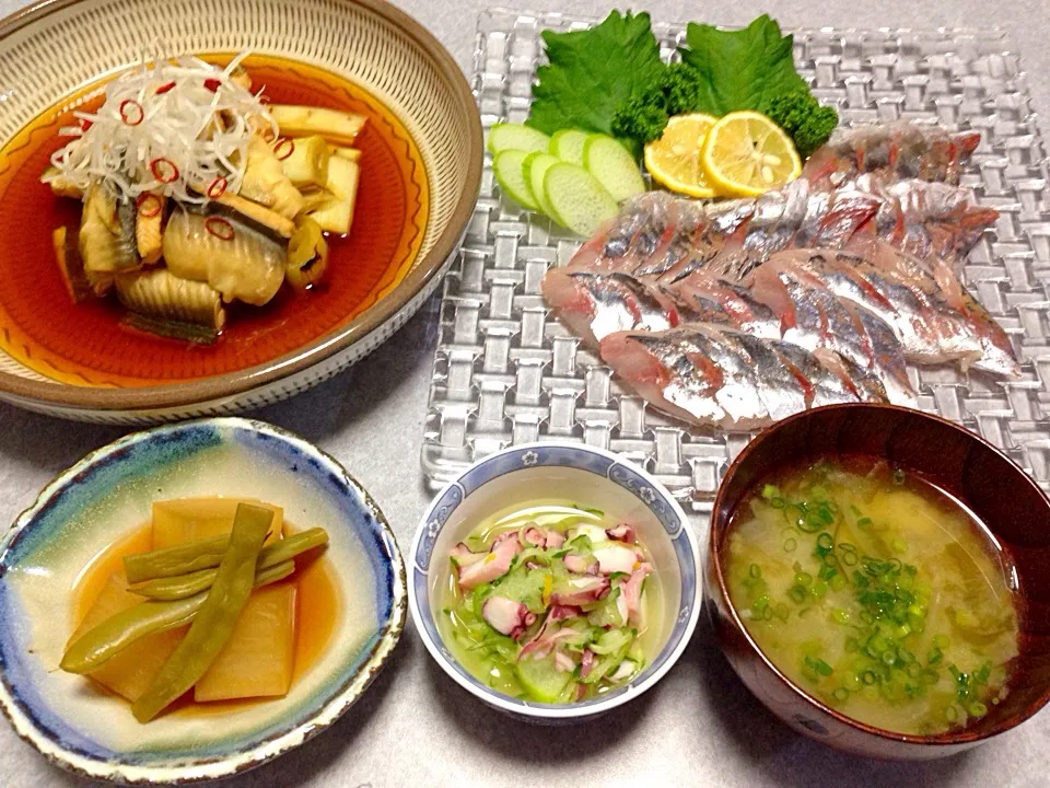 鯵のお刺身と焼きアナゴの南蛮漬けの晩ご飯|Orie Uekiさん