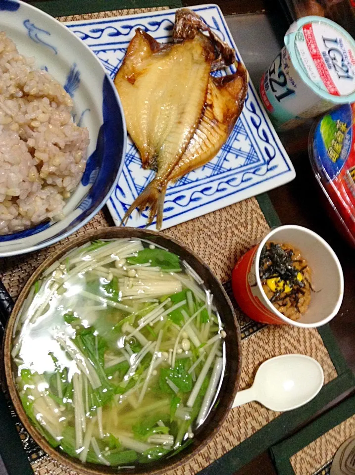 鯵の腹＆納豆＆水菜の味噌汁|まぐろさん