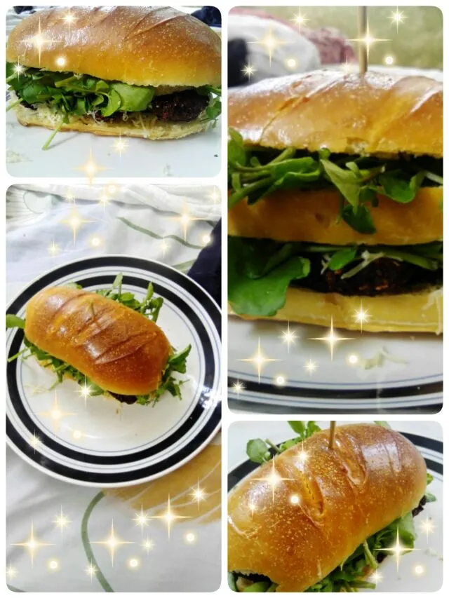 homemade bread with meat cutlets ,cheese, watercress salad|nusさん