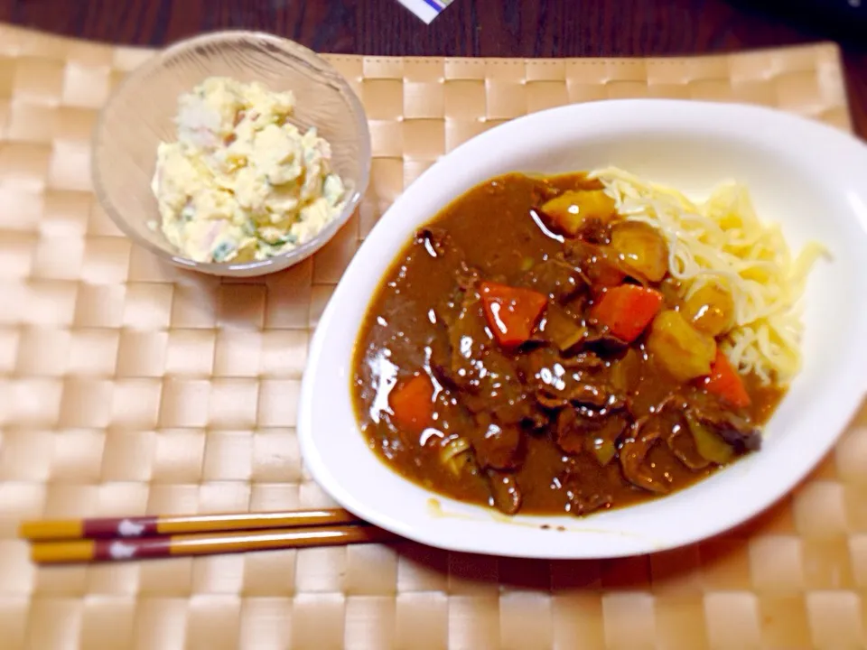 カレーパスタ、ポテサラ|しおりさん