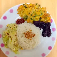 Snapdishの料理写真:Indonesian dish - coconut milk rice, fried shallots, sweet fried beef, cabbage with egg, shrimp paste chili sauce|Fa Dhil Lahさん