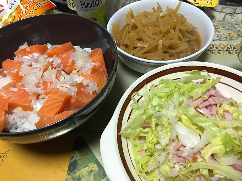 Snapdishの料理写真:サーモン丼、大根の皮のキンピラ|ちむさん