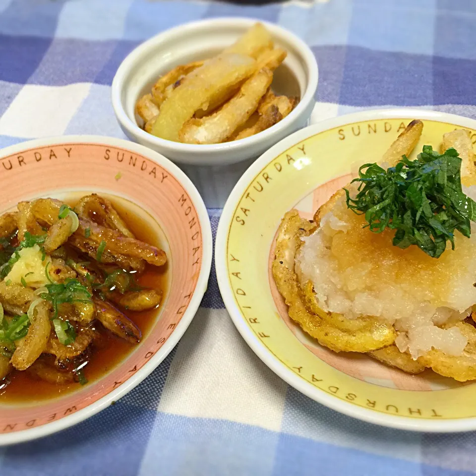 大根ステーキで残った皮で、小さなおかず😀 揚げ大根の皮の、フライドポテト風⭐️揚げ浸し⭐️おろしポン酢⭐️大根嫌いさんも、これは美味しいと言ってくれた〜✌️|きいこさん