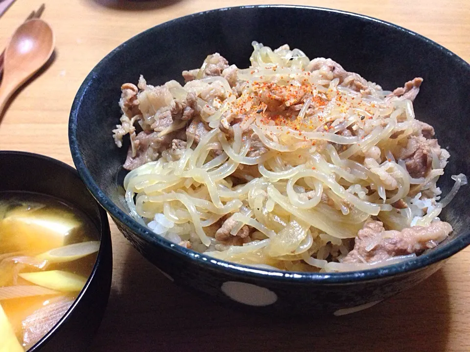 糸こん多すぎ牛丼で晩ごはん|こんこんさん