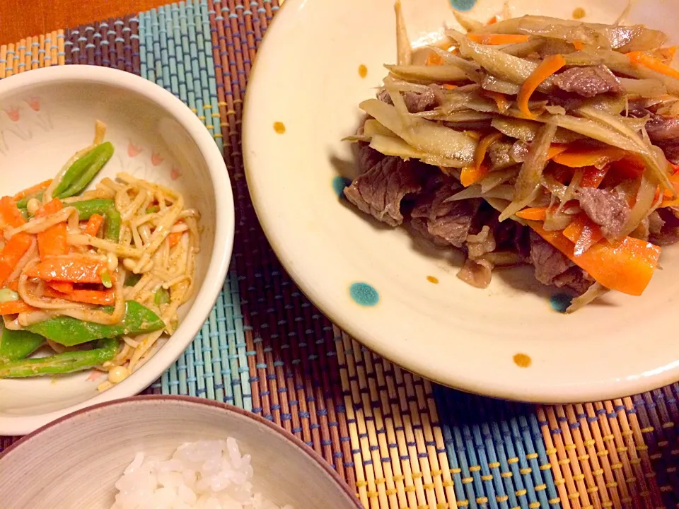 牛肉入りきんぴらごぼう、インゲンの胡麻和え|あんなさん