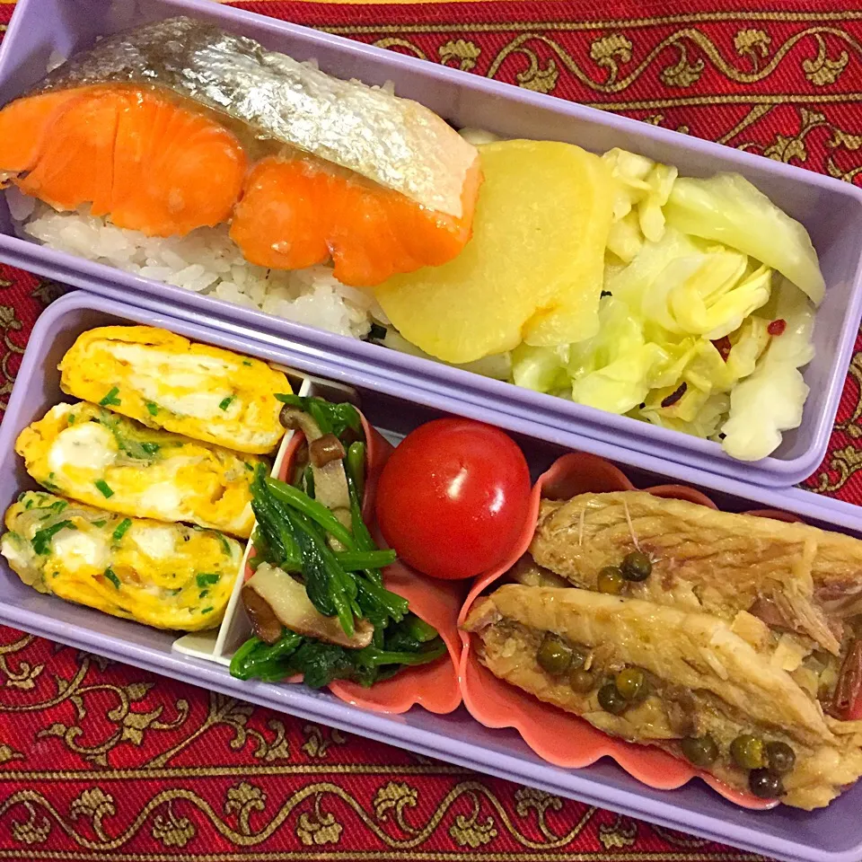 Snapdishの料理写真:サバのグリーンペッパーと塩鮭弁当|もえさん