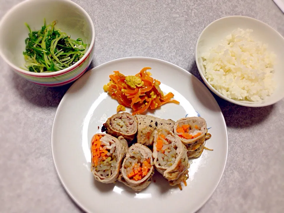 野菜の肉巻き、水菜サラダ|いちごさん