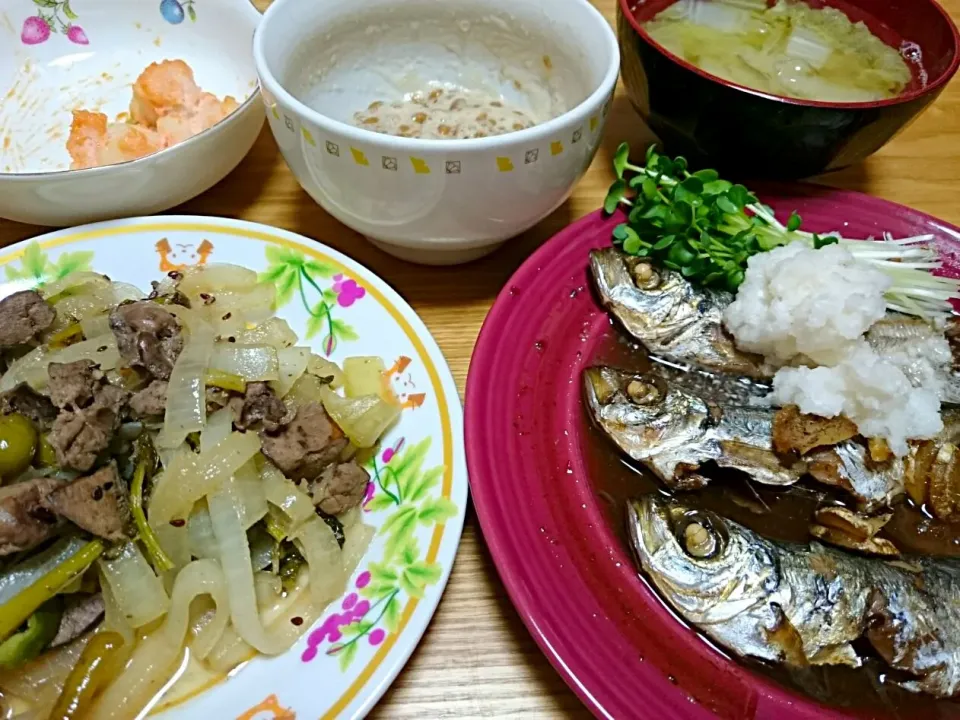 鳥肝肉のピクルス野菜炒めとアジの煮つけ|Shinji Matsuokaさん